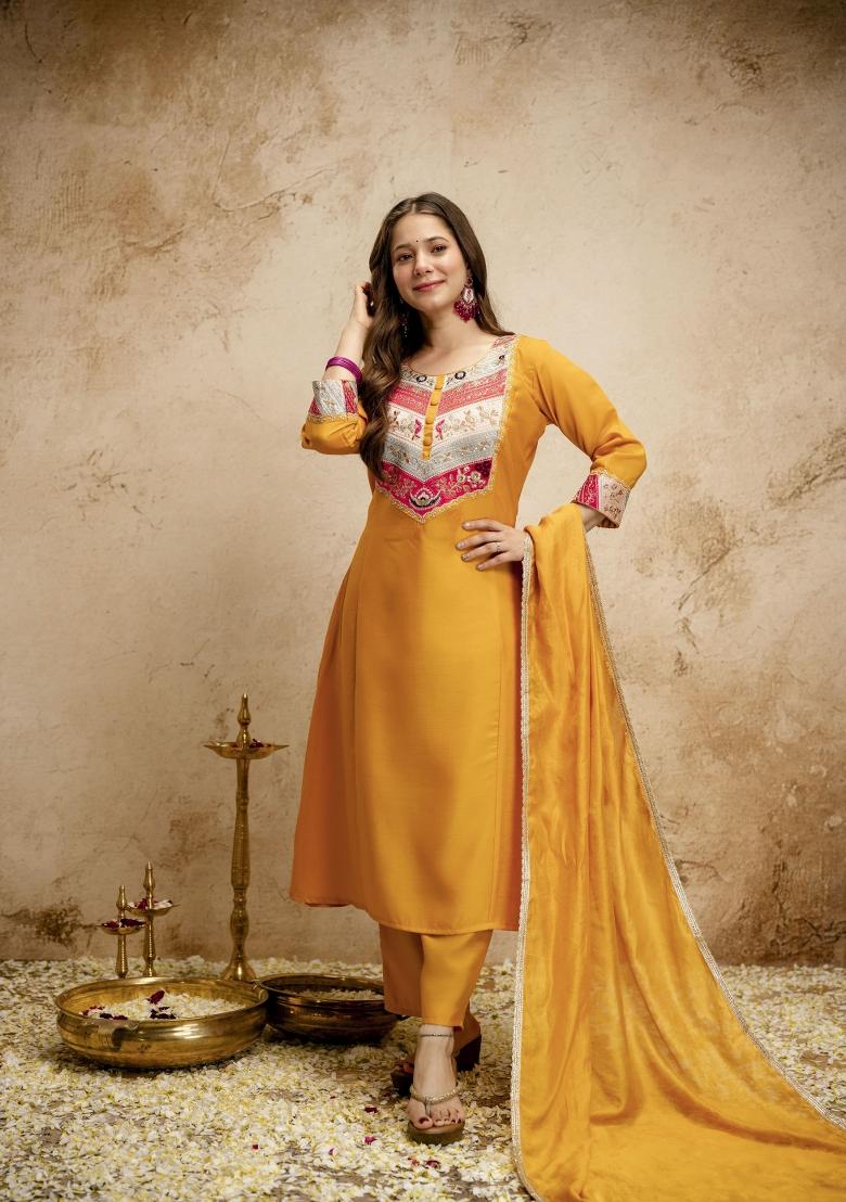 Yellow Embroidery Chanderi Kurta Set - Indya