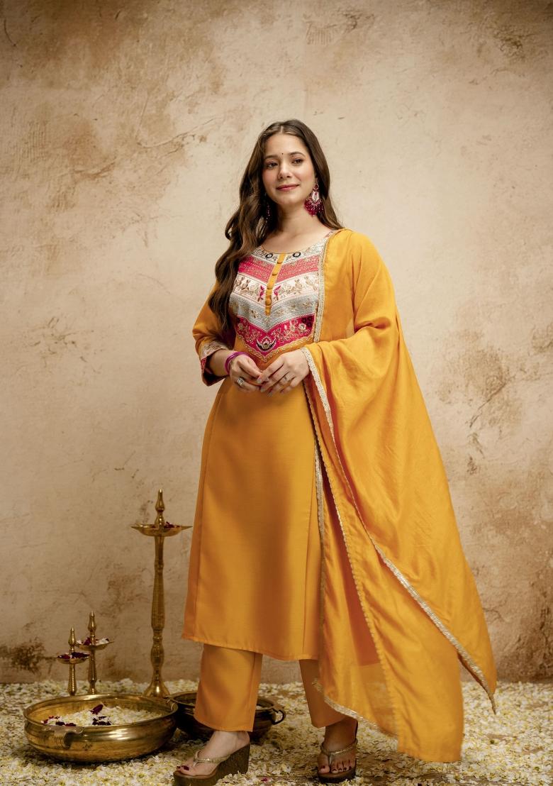 Yellow Embroidery Chanderi Kurta Set - Indya