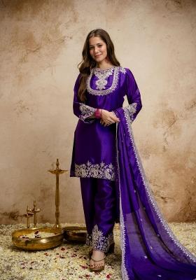 Purple Embroidery Chinon Kurta Set