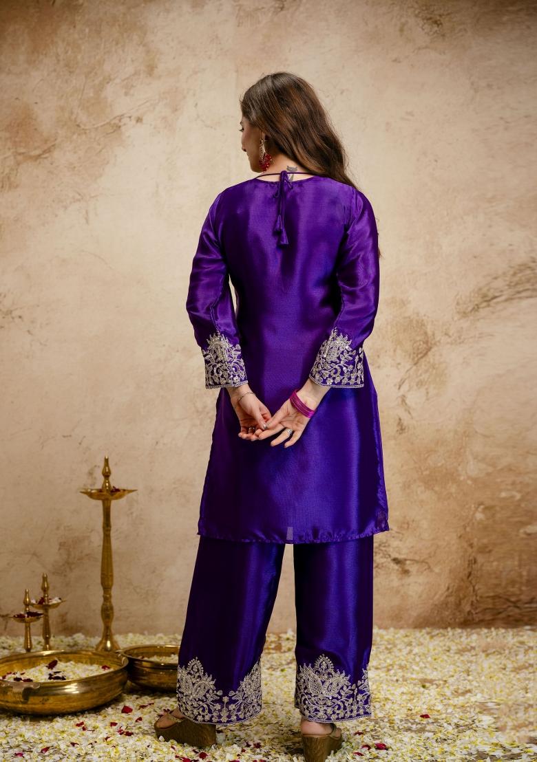 Purple Embroidery Chinon Kurta Set - Indya