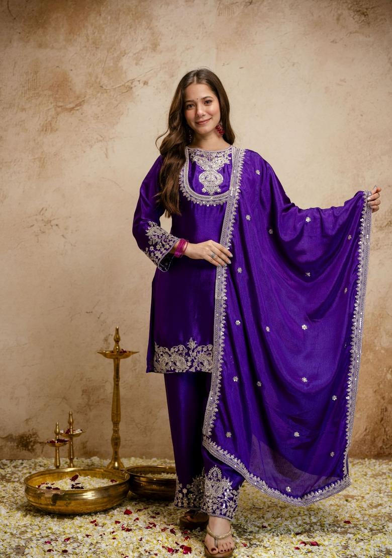 Purple Embroidery Chinon Kurta Set - Indya