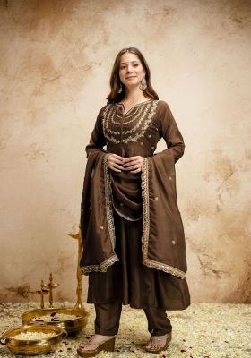 Brown Embroidery Silk Kurta Set