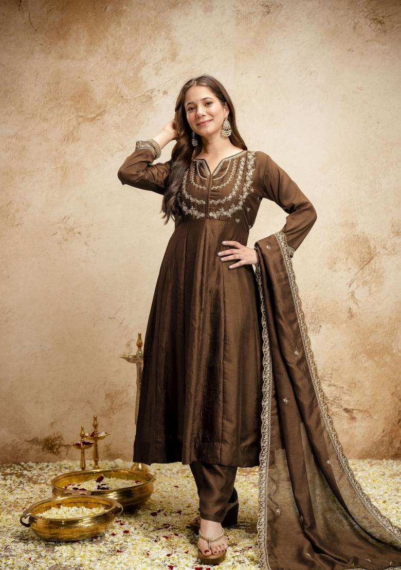 Brown Embroidery Silk Kurta Set - Indya