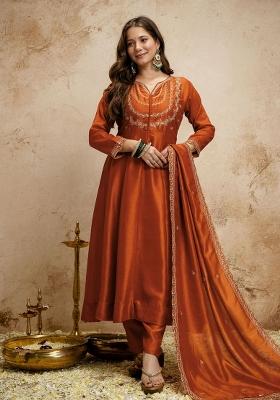 Red Embroidery Silk Kurta Set
