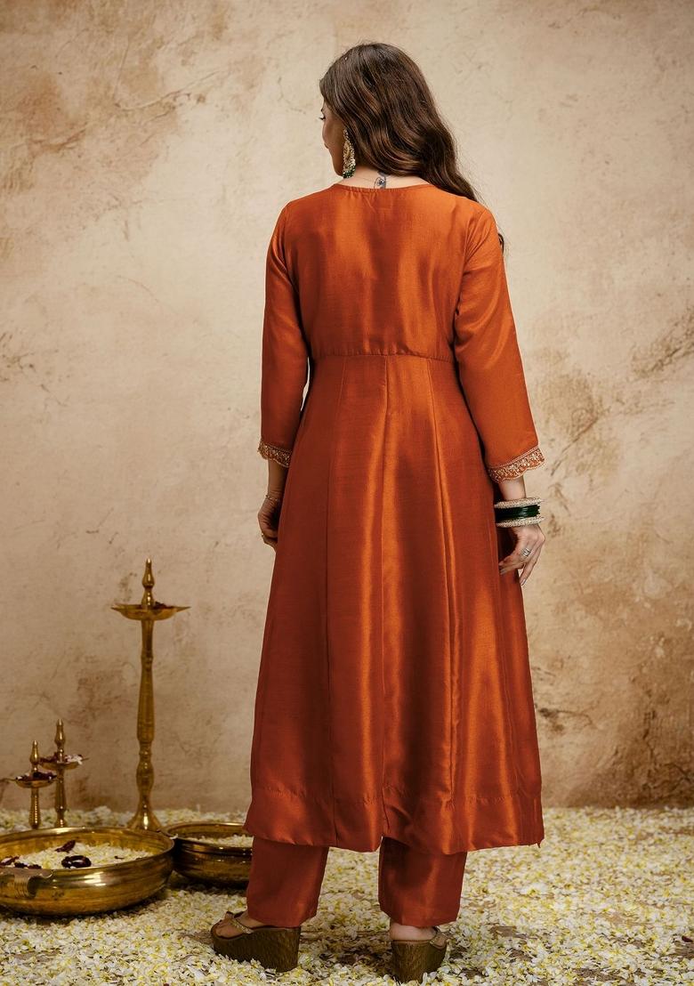 Red Embroidery Silk Kurta Set - Indya