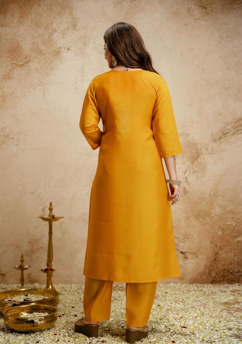 Yellow Embroidery Chanderi Kurta Set - Indya