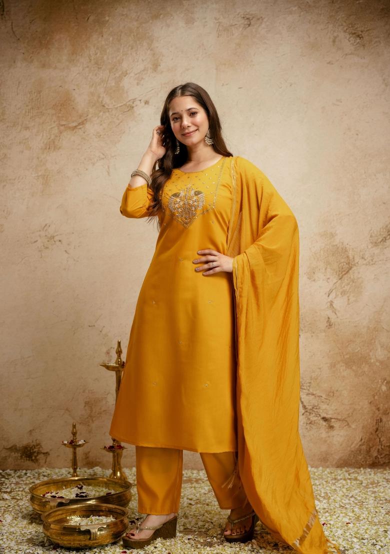 Yellow Embroidery Chanderi Kurta Set - Indya