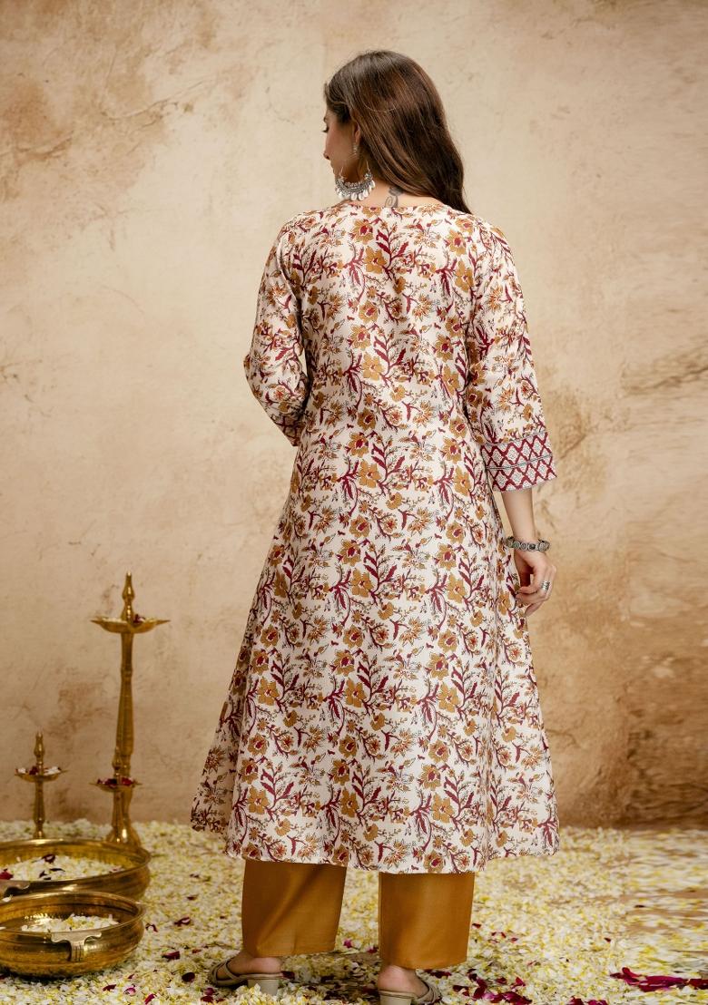 Cream Printed Chanderi Kurta Set - Indya
