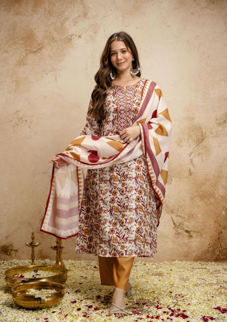 Cream Printed Chanderi Kurta Set - Indya