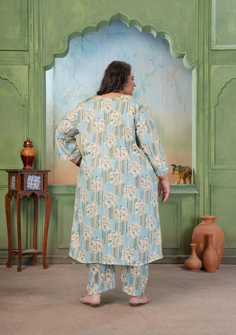 Blue Printed Rayon Kurta Set - Indya
