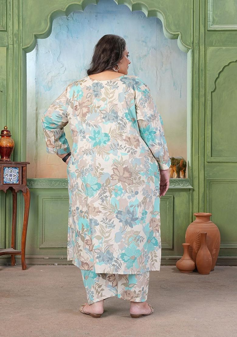 Sea Green Printed Rayon Kurta Set - Indya