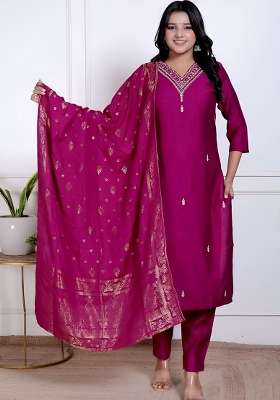 Magenta Embroidery Silk Kurta Set