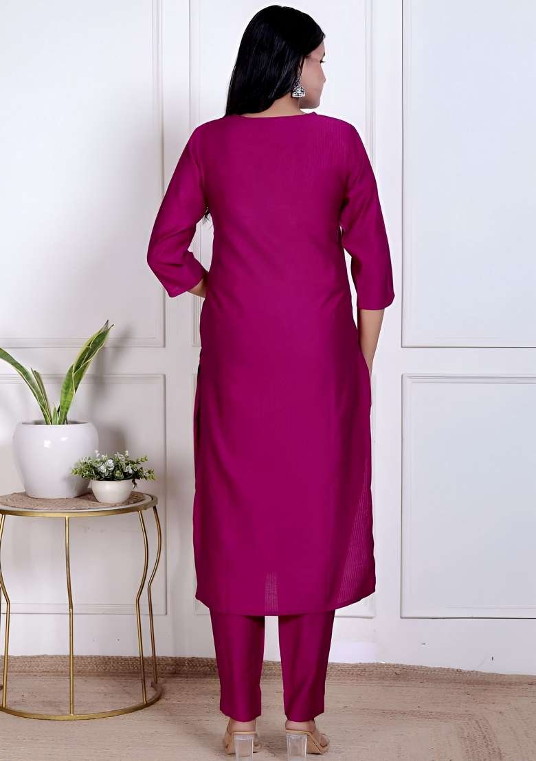 Magenta Embroidery Silk Kurta Set - Indya