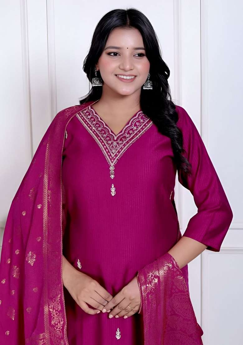 Magenta Embroidery Silk Kurta Set - Indya