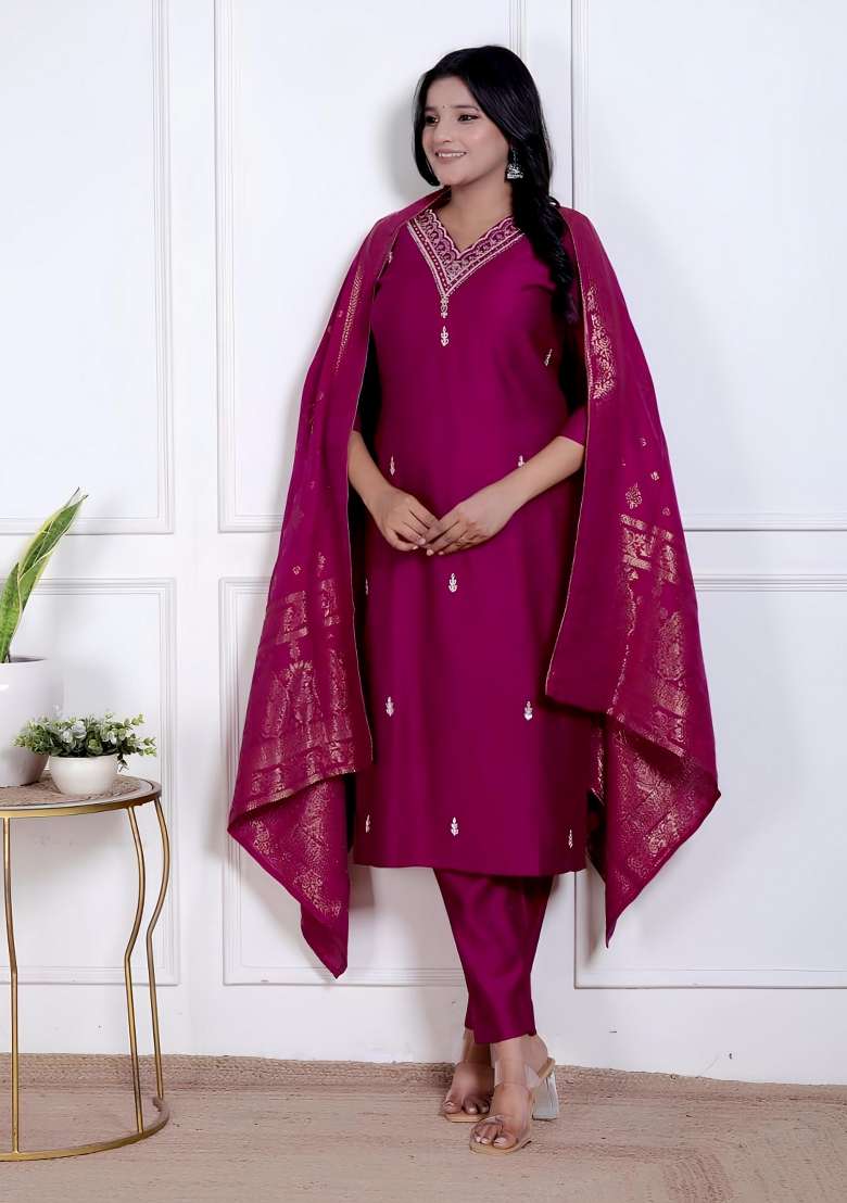 Magenta Embroidery Silk Kurta Set - Indya