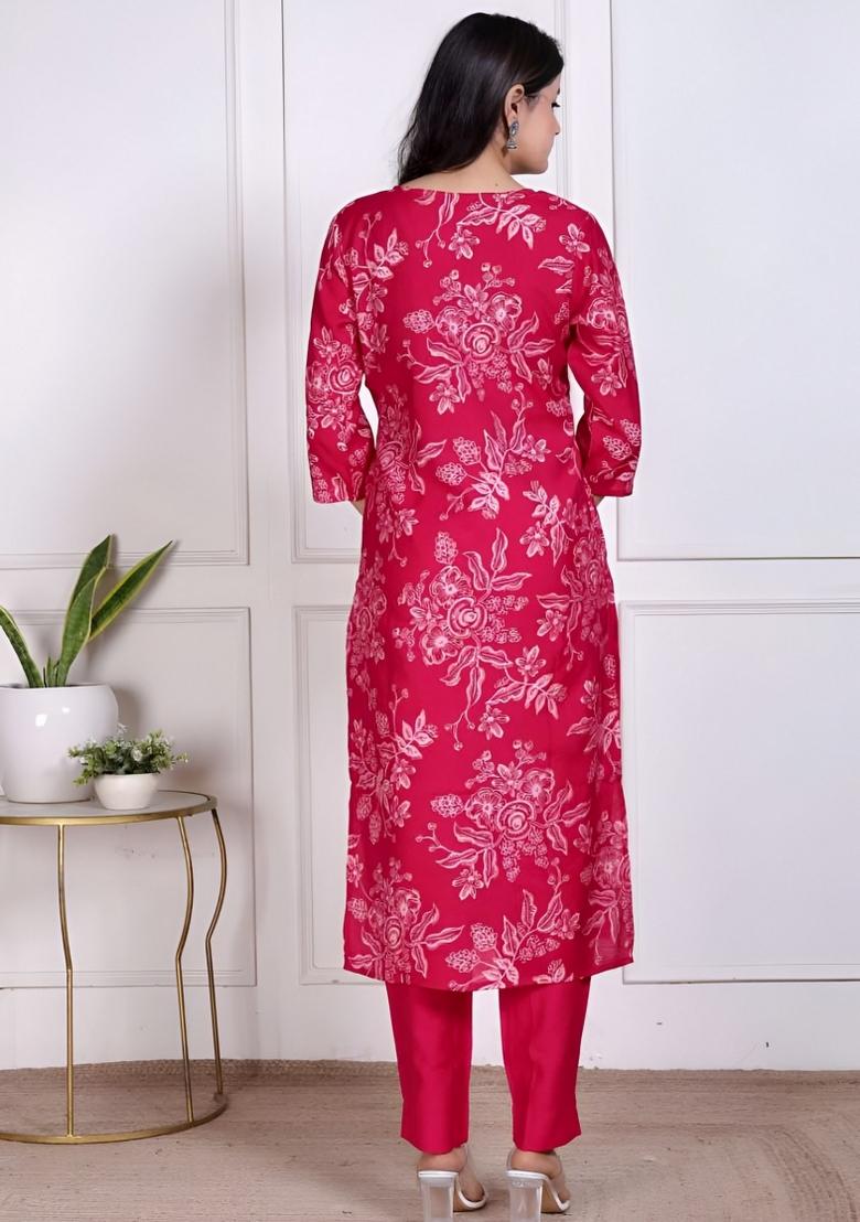 Red Embroidery Silk Kurta Set - Indya