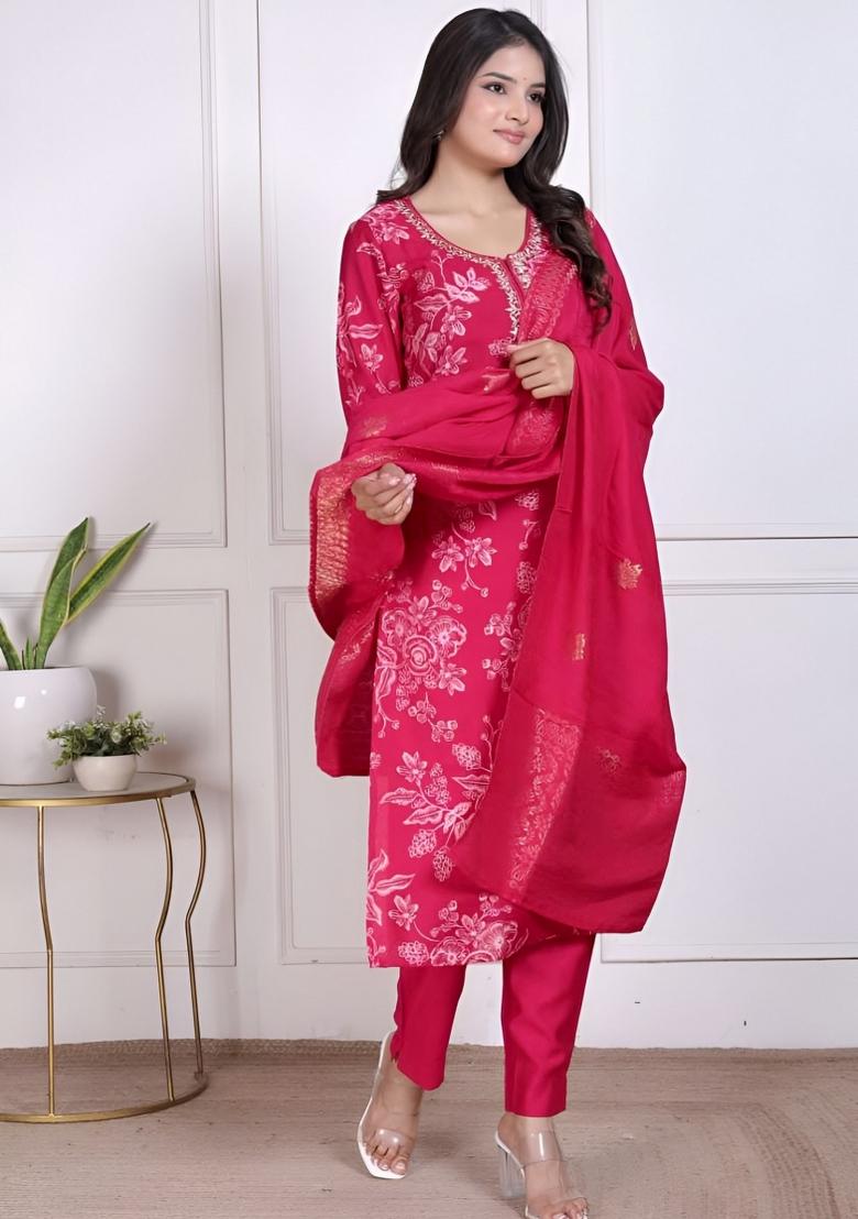Red Embroidery Silk Kurta Set - Indya