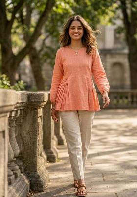 Peach Printed Cotton Kurta Set