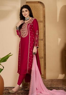 Red Embroidery Silk Kurta Set