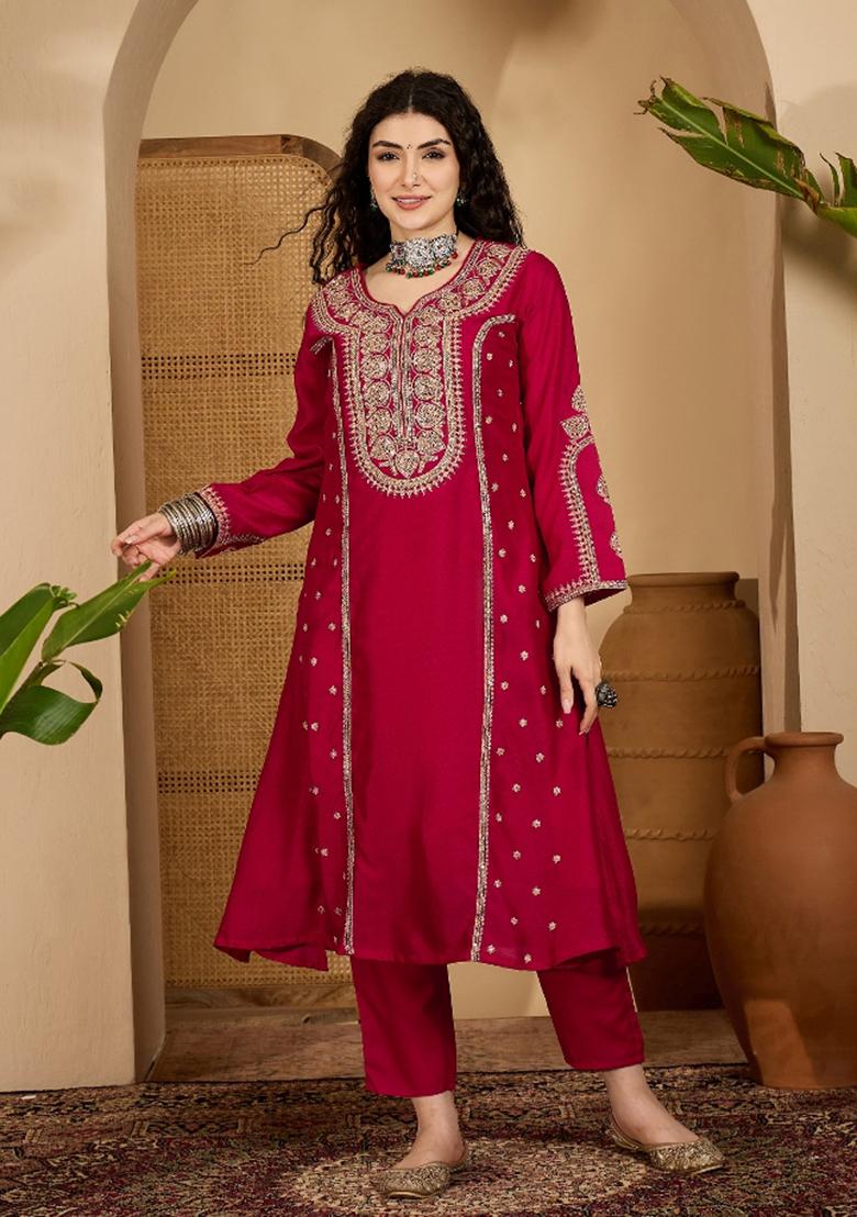 Red Embroidery Silk Kurta Set - Indya