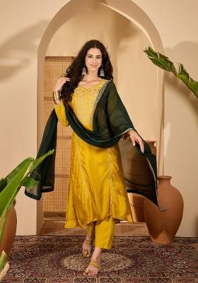 Mustard Embroidery Silk Kurta Set