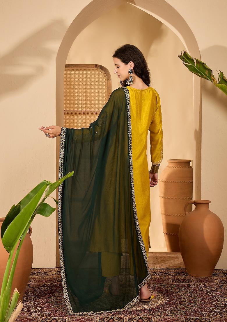 Mustard Embroidery Silk Kurta Set - Indya