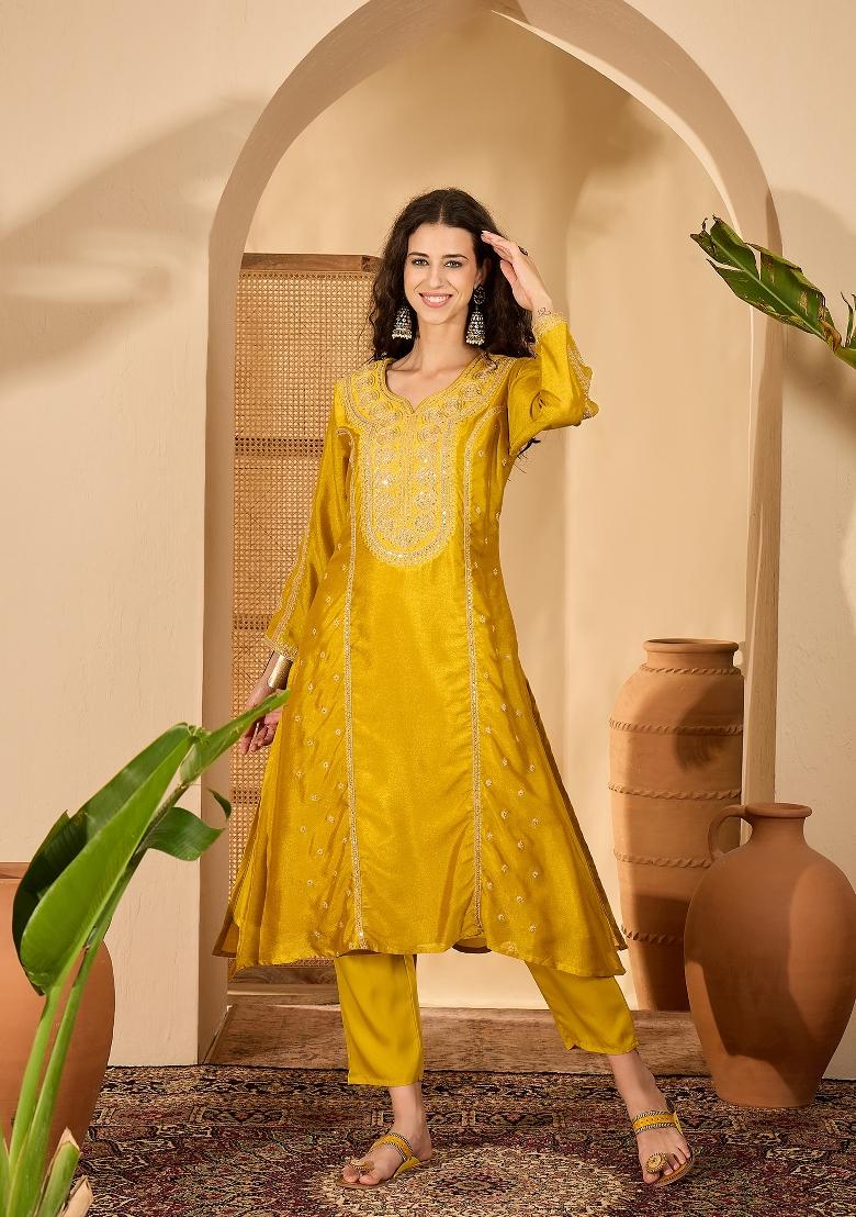 Mustard Embroidery Silk Kurta Set - Indya