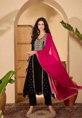 Black Embroidery Silk Kurta Set
