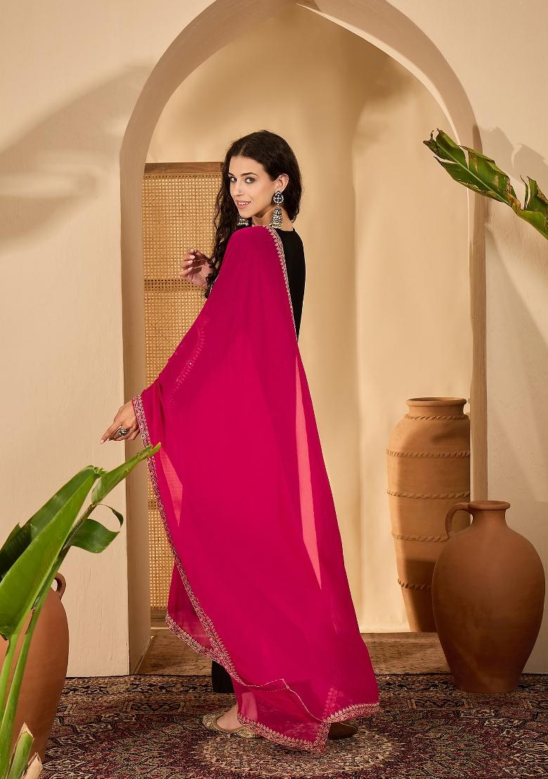 Black Embroidery Silk Kurta Set - Indya