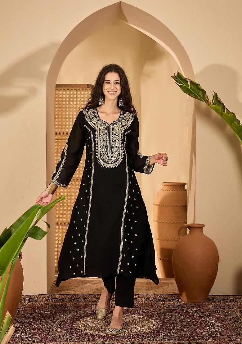 Black Embroidery Silk Kurta Set - Indya