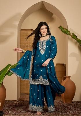 Teal Embroidery Silk Kurta Set
