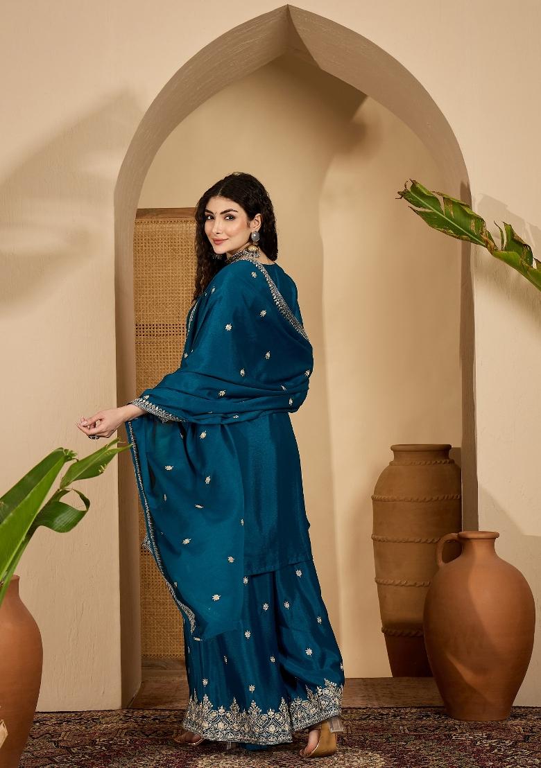 Teal Embroidery Silk Kurta Set - Indya