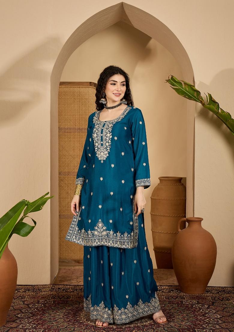 Teal Embroidery Silk Kurta Set - Indya