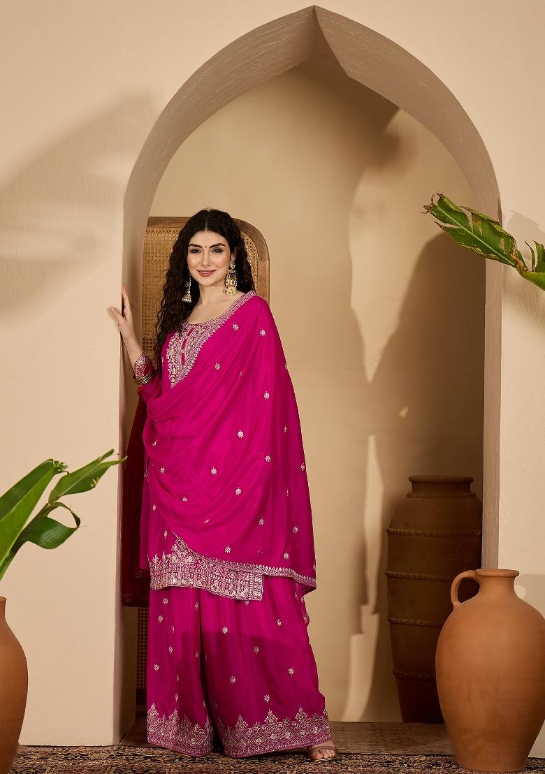 Pink Embroidery Silk Kurta Set - Indya