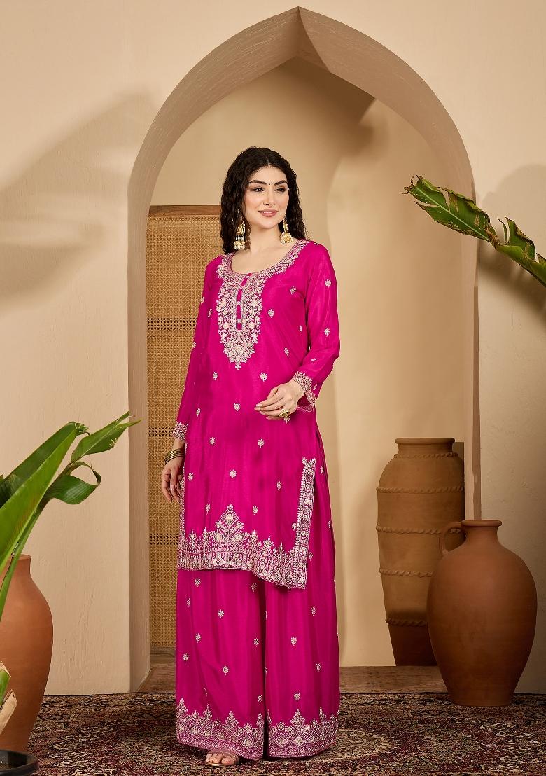 Pink Embroidery Silk Kurta Set - Indya