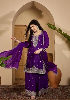 Purple Embroidery Silk Kurta Set