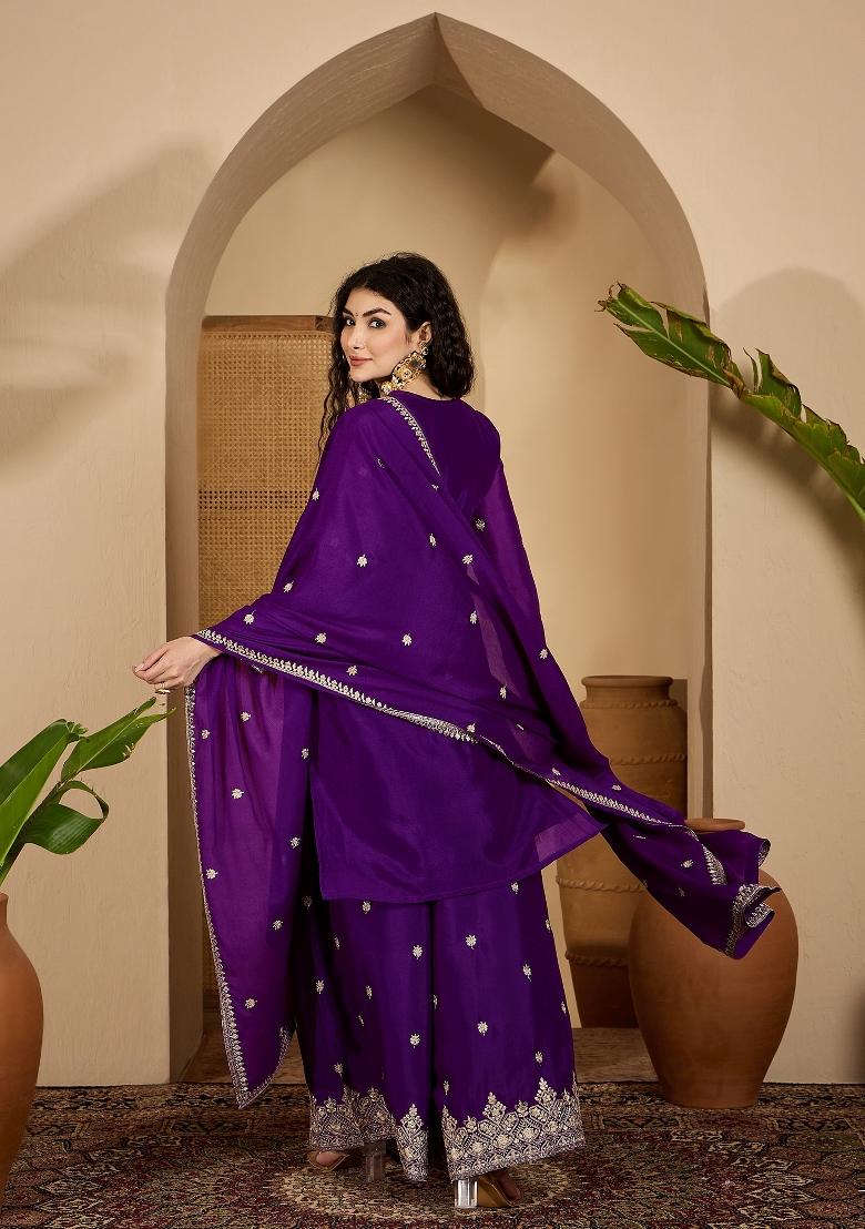 Purple Embroidery Silk Kurta Set - Indya