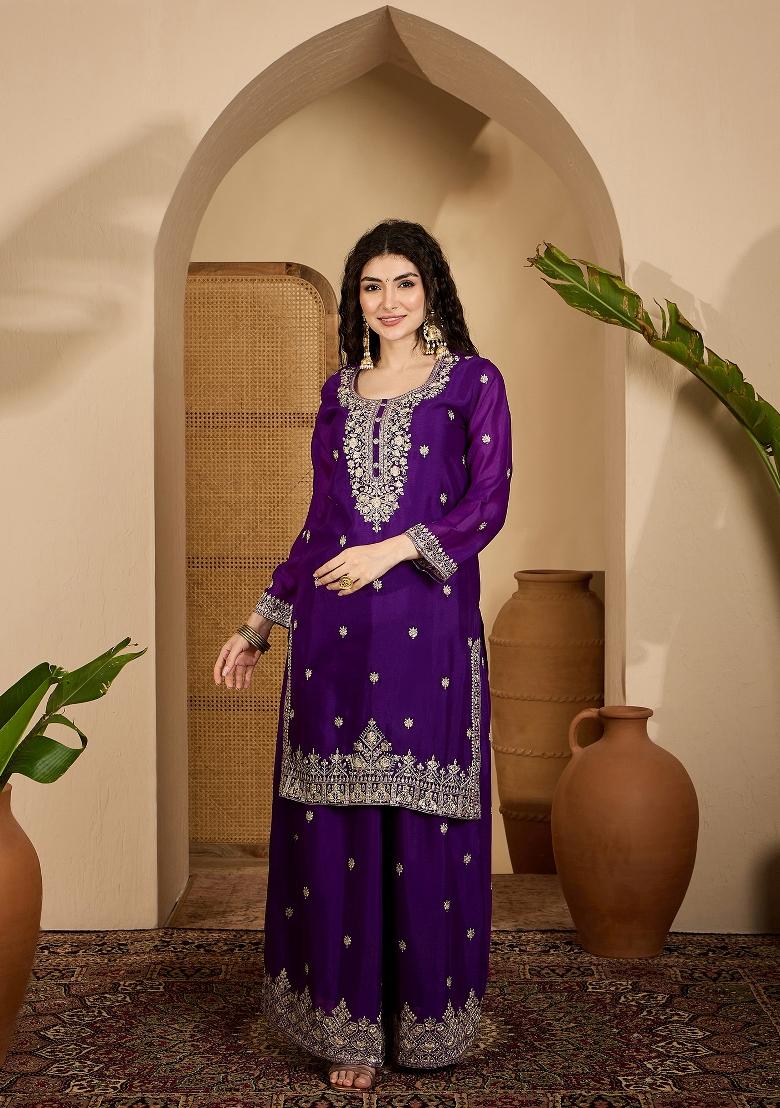 Purple Embroidery Silk Kurta Set - Indya