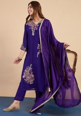 Purple Embroidery Silk Kurta Set