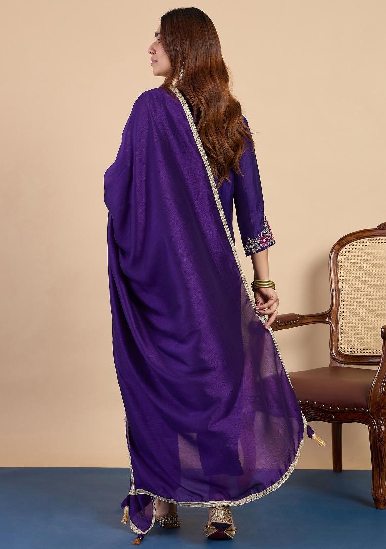 Purple Embroidery Silk Kurta Set - Indya