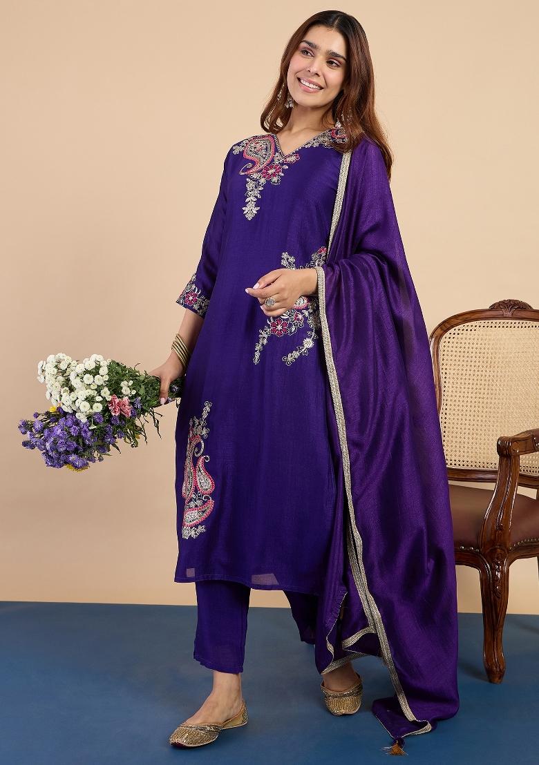 Purple Embroidery Silk Kurta Set - Indya