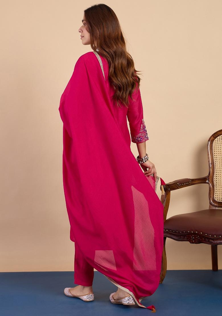 Pink Embroidery Silk Kurta Set - Indya