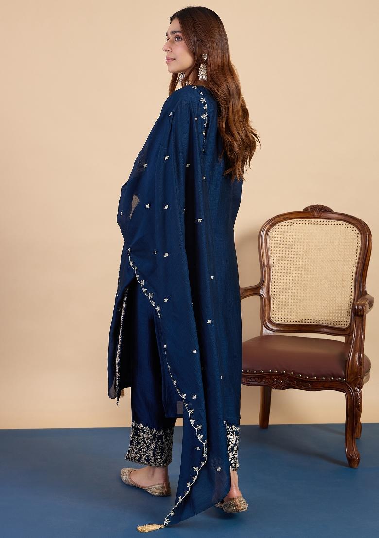 Teal Blue Embroidery Silk Kurta Set - Indya
