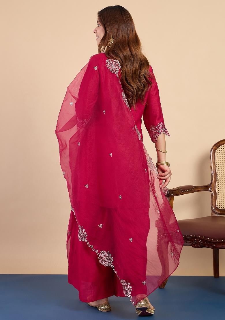 Pink Embroidery Silk Kurta Set - Indya