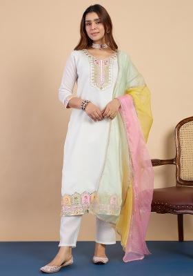 Off White Embroidery Silk Kurta Set