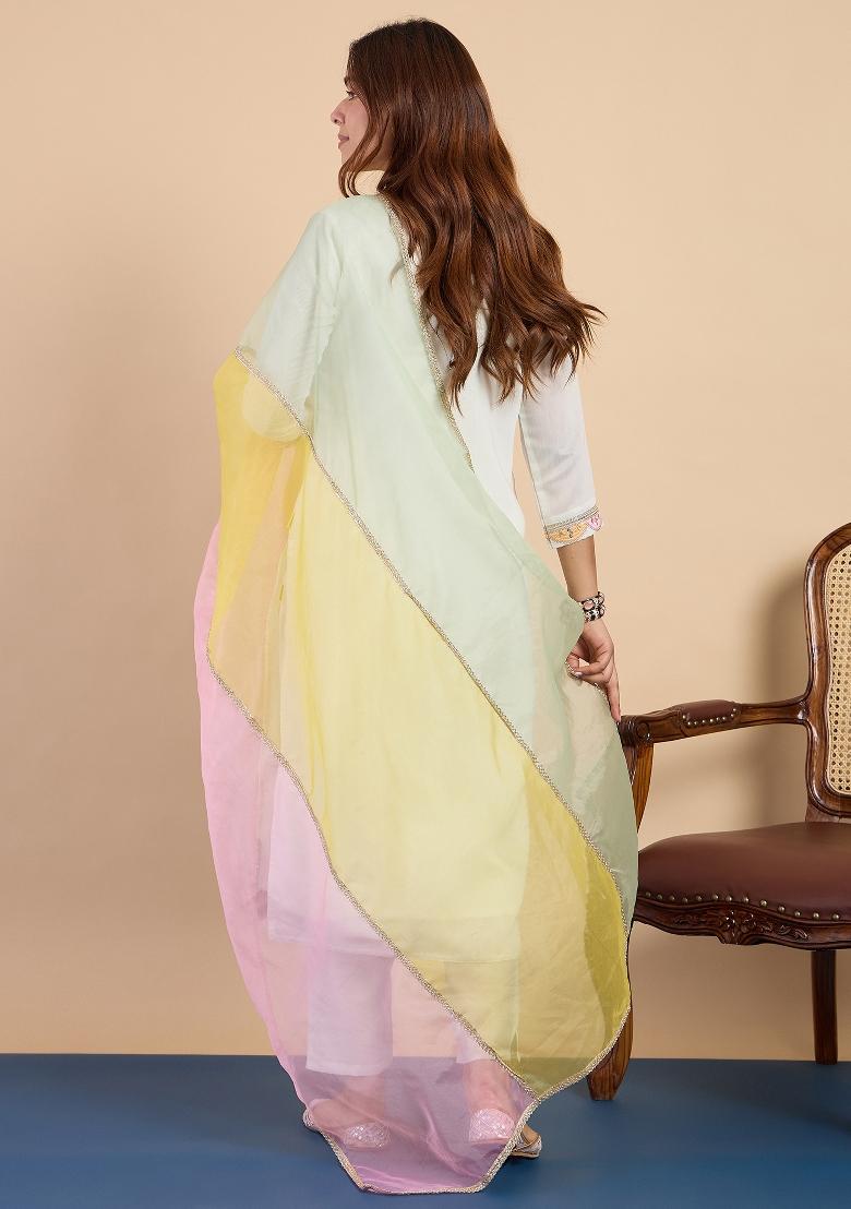 Off White Embroidery Silk Kurta Set - Indya