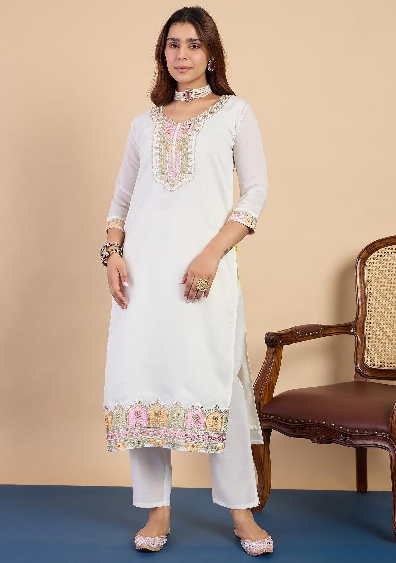 Off White Embroidery Silk Kurta Set - Indya
