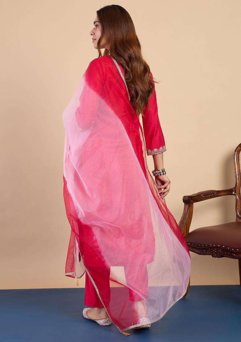 Pink Embroidery Silk Kurta Set - Indya