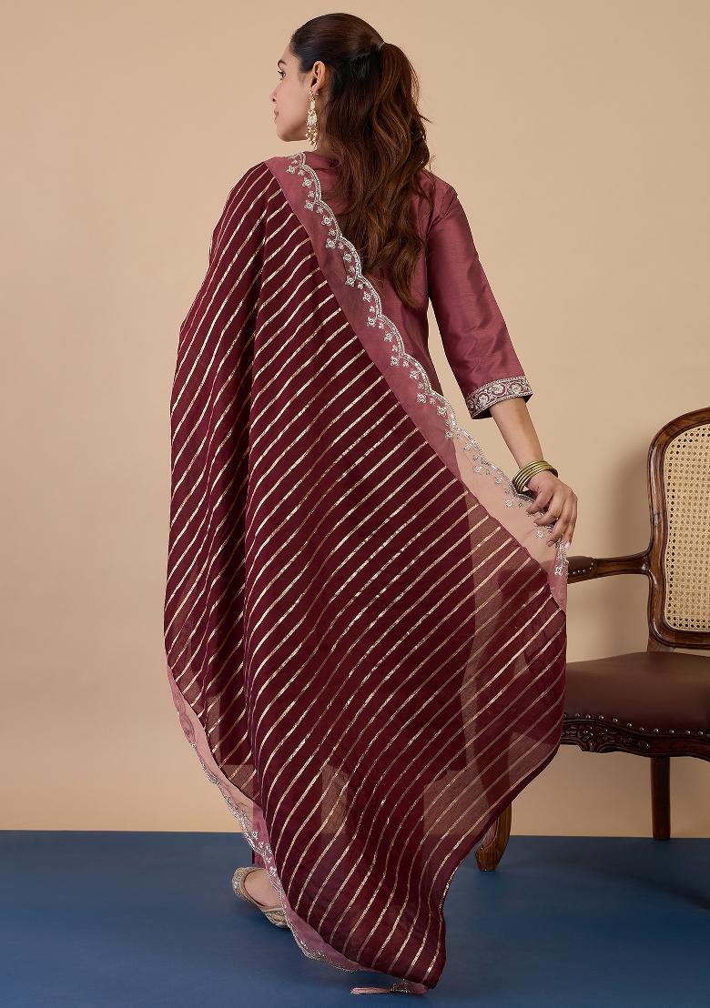 Coffee Embroidery Silk Kurta Set - Indya