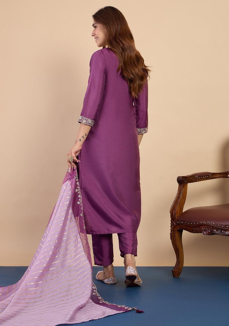 Purple Embroidery Silk Kurta Set - Indya